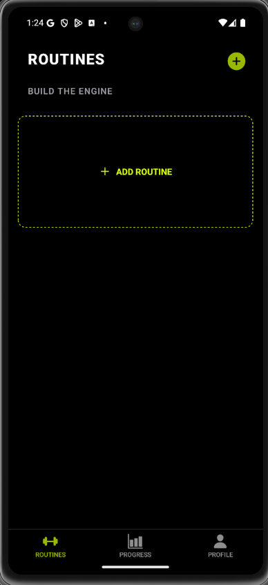 Routines — boş durum: "Build the engine" mottosuyla ilk rutinini oluştur