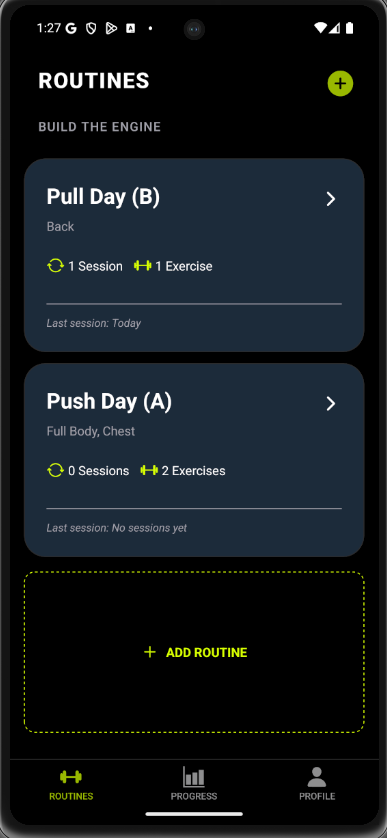 Routines — kurulu rutinler: Push Day, Pull Day, son seans bilgisi